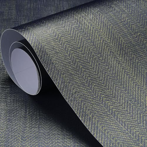 LACHEERY 40cm x 700cm Tapete Blau Schwarz Wandtapete Selbstklebend Schlafzimmer Vinyl Selbstklebende Tapete Leinen Wasserdicht Klebefolie Wand für Wohnzimmer Büro Möbel Grastuch Wand Tapeten Deko