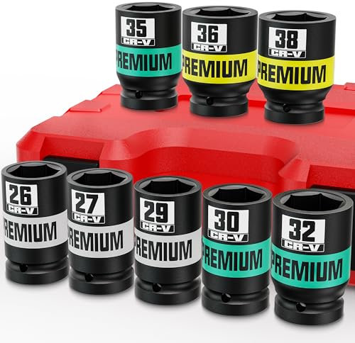 Aurlloct 8Pcs 3/4 Drive Impact Socket Set, 26-38 mm Axle Nut Socket Set, Repair Automotive Truck Tractor Engine Maintenance