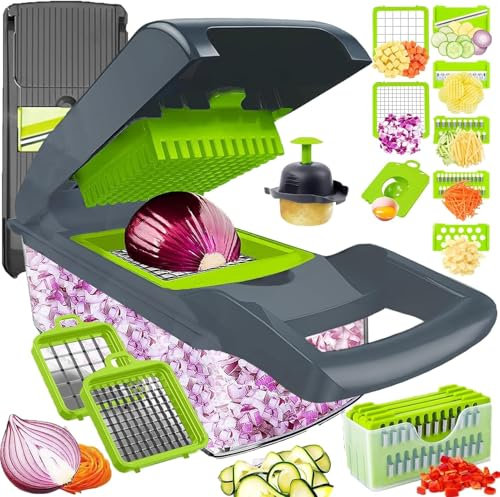 Gemüseschneider 15-in-1 Edelstahl | Mandoline mit 7 Klingen | Für Zwiebeln, Kartoffeln, Gurken | Inkl. Handschutz & Eiertrenner(Schwarz)