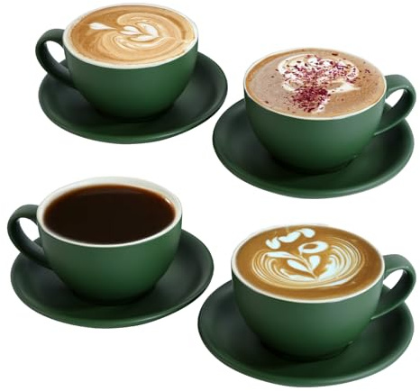Cappuccinotassen Set 4x 300ml – Mattgrüne Keramik-Kaffeetassen mit Untertassen, Barista-Set für Latte Art & Mokka, Großes Tassen & Untertassen set