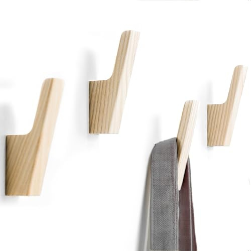 ALYBSOO Juego de 4 ganchos de pared de madera de haya, modernos ganchos para ropa, bolsos y accesorios, madera natural (haya)