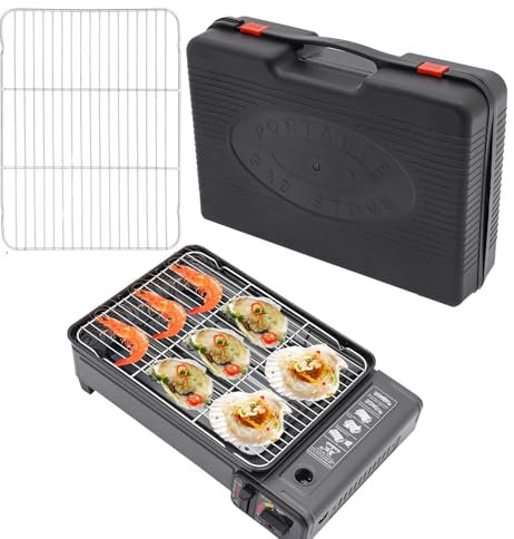 Hornillo de camping de 2 quemadores, cocina de gas para exteriores, parrilla de mesa, maletín, barbacoa de gas, hornillo de gas de 2 quemadores para interiores (no incluye placa de parrilla)