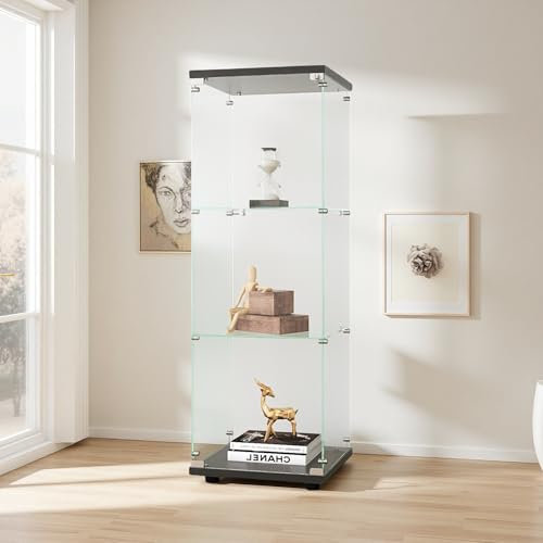 Vitrine aus Glas, moderner Vitrinenschrank mit 3 Ablagen aus ESG-Glas, Vitrine mit Schloss, Sammlervitrine für Bar, Wohnzimmer und Esszimmer, Hartglas (Schwarz, 125 x 42 x 36 cm)