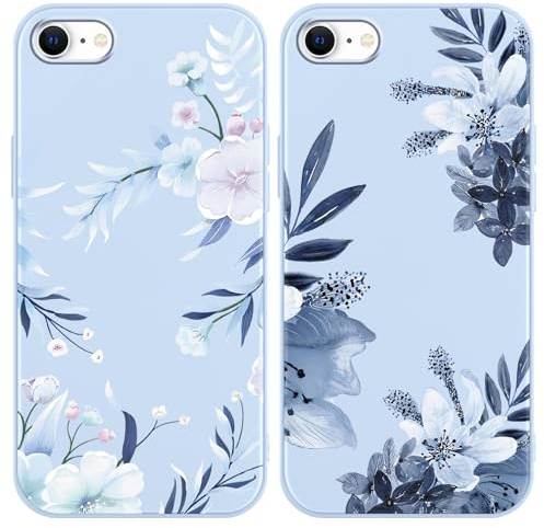 Phoona 2 Stück Handyhülle für iPhone 8/SE 2022/7/SE 2020 Hülle 4.7,Aesthetic Muster Design Weiche TPU Ultra Silikon Schutzhülle Kratzfeste Stoßfest Kameraschutz Bumper Case für Mädchen,Blaue Blume W