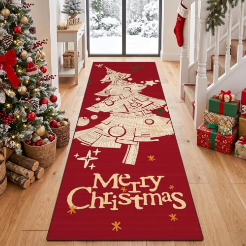 GEANUP Weihnachtsteppich Läufer für Flur 60x180cm Waschbar Küchenläufer Rot | Rutschfest Weihnachtsbaum Teppichläufer, Weicher Kurzflor Flurteppiche Läufer für Schlafzimmer Waschküche Winterdekoration