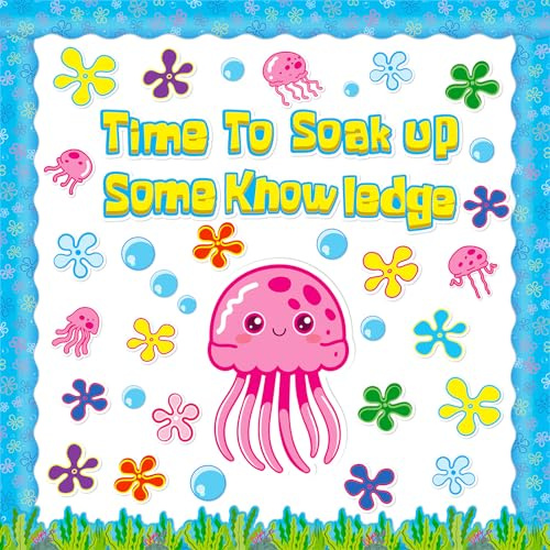 Whaline 88Pcs Cartoon Sponge Theme Back to School Bulletin Board Set Jellyfish Flower Bubble Time to Soak Some Knowledge Paper Cutouts with 60Pcs Glue Points for Sponge Party Classroom Wall Decor