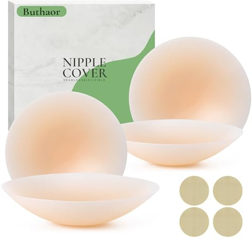 Buthaor Nippelpads - Nipple Covers für Frauen - 4 Stück Silikon Nippelabdeckung Ultradünne - Wiederverwendbar & Unsichtbar Brustwarzenabdeckung 8,5cm