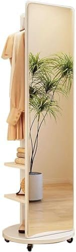 Schmuckschrank Schrank 360° Drehbarer Holzgarderobenständer Mit Ganzkörperspiegel 2-in-1-bodenspiegel Und Garderobenständer Wohnzimmer Schlafzimmer Garderobenspiegel, White, Rotating