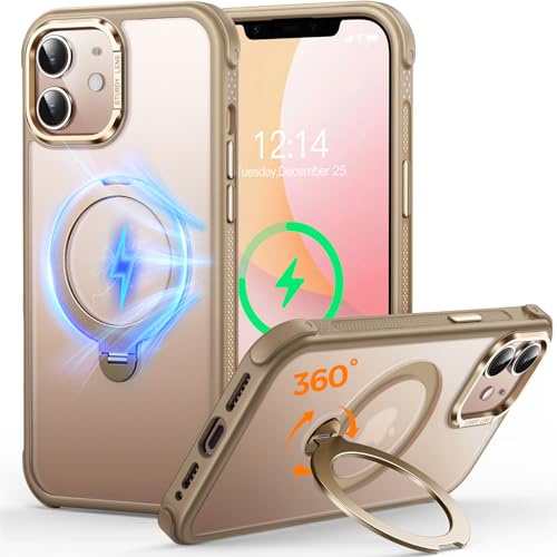 CUTELFON O3 Mag-Ständer Entwickelt für iPhone 12/12 Pro Hülle mit 360°Ständer,[Kompatibel mit MagSafe][Super Hautgefühl] Durchscheinende Matte Magnetische Schlanke Handyhülle 6,1,Matt Gold