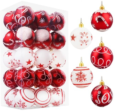 Weihnachtskugeln Christbaumkugeln Kunststoff, Christbaumschmuck Weihnachtsbaumschmuck Set mit Schnur, Weihnachtsschmuck Weihnachtsbaumkugeln Plastik Baumschmuck Weihnachten Weiß und Rot 6cm 30pcs