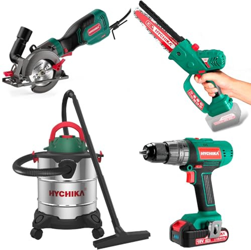 HYCHIKA 4 Tools Power Tool Combo Kit, 750W Circular Saw Corded + 18V Cordless Drill + 3 in 1 Wet and Dry Vacuum Cleaner + 8 Inch Brushless Electric Chainsaw, Power Tools Set for Home Garden Outdoor