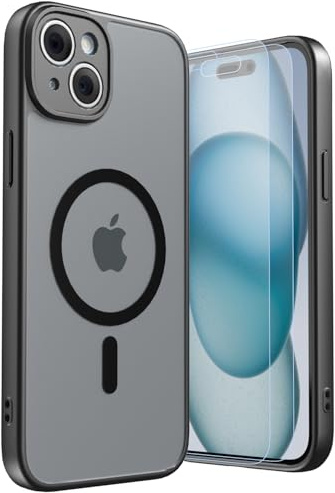 LUNOVATE for iPhone 15 Plus Case, Magnetic 14FT Military Shockproof Protective Cover, Anti-Slip Texture Translucent Matte Phone Case with 2 Screen Protector for iPhone 15 Plus - Black Matte