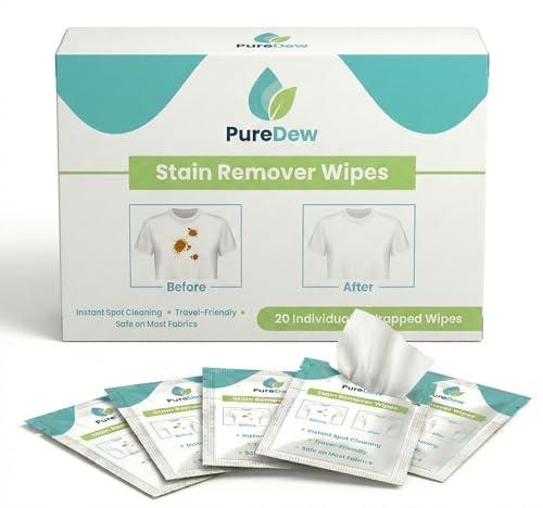 Stain Remover Wipes – Stain Remover Wipes for Clothes | Instant Spot Cleaner for Food, Wine, Ink & Makeup | Fabric Stain Remover Travel Pack | 20 Individually Wrapped Wipes