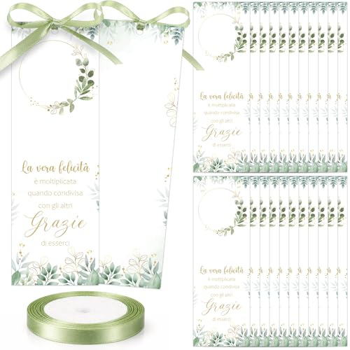 Nezyo 50 Pezzi Segnaposto Comunione con Nastro, Verde salvia | Per Matrimonio, Compleanno, Battesimo e Cresima, Grazie di Esserci, Bigliettini Partecipazioni, Decorazione Tavolo