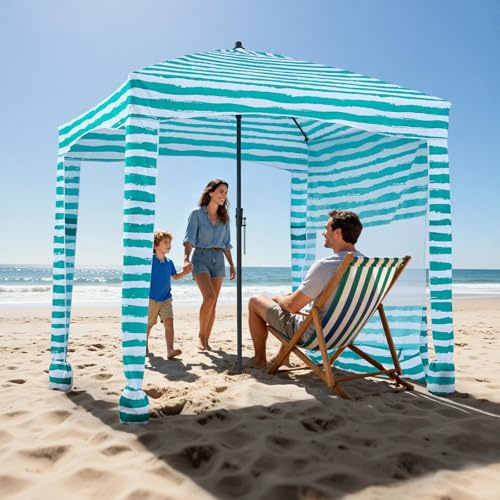 VEVOR Tenda da Spiaggia da 1830 x 1830 x 2290 mm, con Parete Laterale e Tasche per la Sabbia, Ombrellone Parasole Portatile Regolabile in Altezza per Famiglia e Amici, Verde con Striature Bianche