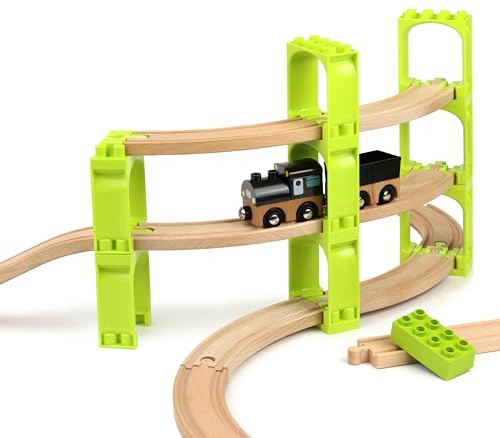NOPPI Eisenbahn - 16 Bausteine für Brücken - kompatible Klemmbausteine für die Holzeisenbahn, tolle Ergänzung für bestehende Spielsysteme, BAU die Spirale!