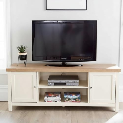 Home Source Avon TV Stand 130cm – White, Sonoma Oak Top, 2 Cupboards & Shelves | 130W x 39D x 50H cm | TV Unit Fits up to 55 Inch