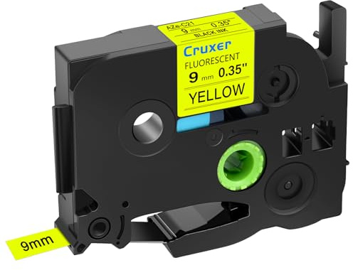 Cruxer 1er-Pack Kompatibel mit P-touch TZe-C21 TZeC21 9 mm Fluoreszierendes Laminiertes Etikettenband, Schwarz auf Gelb, Ersatz für Ptouch PT-H110 H100 H105 P300BT E110 D200 Etikettendrucker