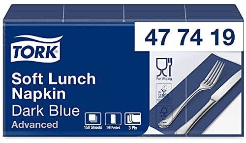 Tork 477419 Soft Lunchservietten Dunkelblau 1/8 Falz / 3-lagige, vorgefaltete Servietten für kleine Gerichte und Snacks / Advanced Qualität / 10 x 150 (1500) Papierservietten / 32,6 x 33 cm (B x L)