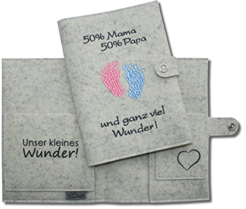 Goldi-Design mutterpass schutzhülle 50% Mama 50% Papa mit extra Fächern und Verschluss aus 100% Wollfilz - weis meliert