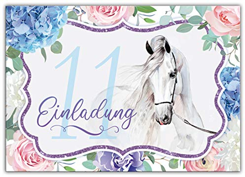 Junaversum 12 Einladungskarten zum 11. Kindergeburtstag Mädchen Pferd Einladungen elfte Geburtstag