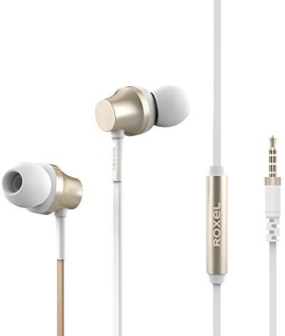 Roxel EF100 Ergonomic Fit In Ear Noise Isolating Earphone, Deep Bass and Rich Vocals with Built in Microphone, Tangle Free Flat Cable in ear Headphone for IOS and Android devices (Gold)