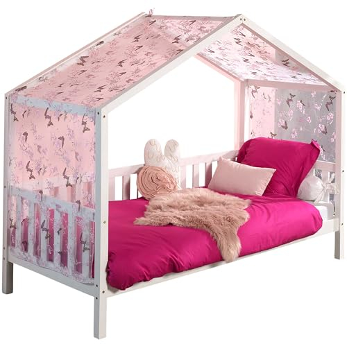 Vipack Dallas 1 Hausbett mit seitlicher Umrandung 90 x 200 cm Liegefläche und Textilhimmel, Weiß
