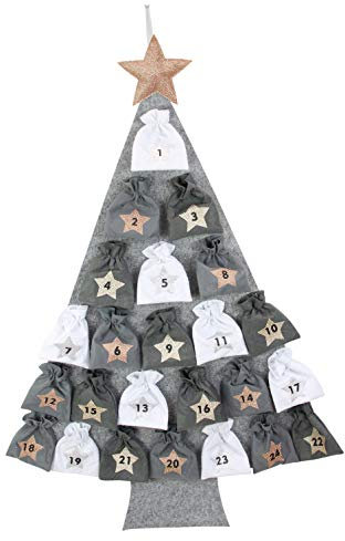 Adventskalender Tannenbaum, Toller Countdown vor Weihnachten, Dekorativ für jedes Alter,Filz, 24 angenähte Säckchen, Glitzersterne, Gummizugband 75 x 115 cm