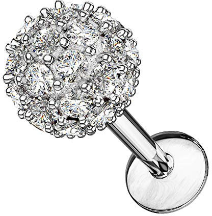 Taffstyle Piercing Stab Stecker Lippenpiercing Ohrpiercing Labret Lippe Ohr Tragus Helix Platte Stud Glitzerkugel mit Glitzer Strass Kristall Kugel 8mm Silber