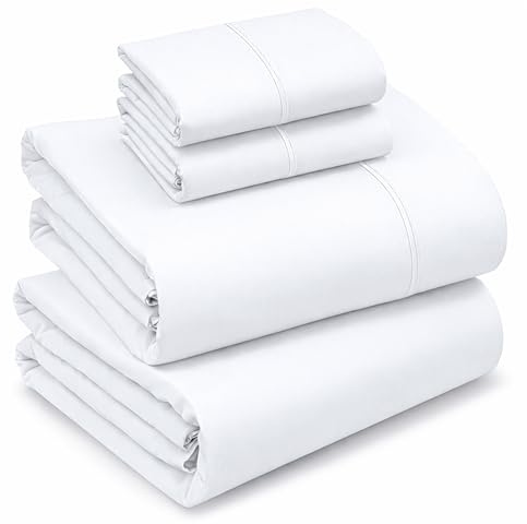 Ruvanti 100% Cotton Bed Sheets, 4 Pcs Bed Sets, King Sheets Off White, 300 Thread Count Satin, Soft, Breathable, Deep Pocket Cooling Bedding Sheets Set Include 1 Flat, 1 Fitted Sheet, 2 Pillowcase
