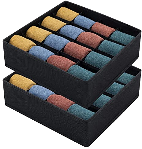 Joyoldelf 2 Stück Aufbewahrungsboxen für Socken und Unterwäsche,16 Zellen Faltbare Boxen (Faltbox, Drawer Dividers, Schubladen Organizer Stoffboxen zum Aufbewahren von Socken(Schwarz)