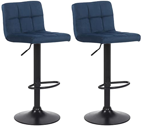 CLP 2er Set Barhocker Feni Samt, höhenverstellbar mit Fußstütze, Lehne & Metallgestell, belastbar bis 150 kg, Farbe:blau