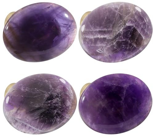 mookaitedecor Set of 4 40mm Purple Amethyst Crystal Stone Drawer Knobs with Screws, Healing Stones and Crystals, Oval Decorative Stones Purple Pull Handles for Cabinets Cupboard Wardrobe Home Kitchen