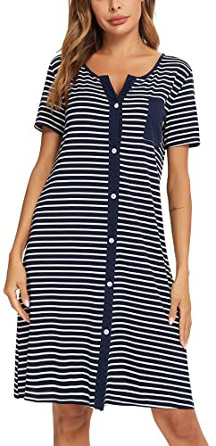Marvmys Chemise De Nuit Femme Coton Manches Courtes Rayure Robe De Nuit Bouton Ouvert Devant Vêtements De Nuit Cardigan Vêtement d'Intérieur Bleu Marine XL