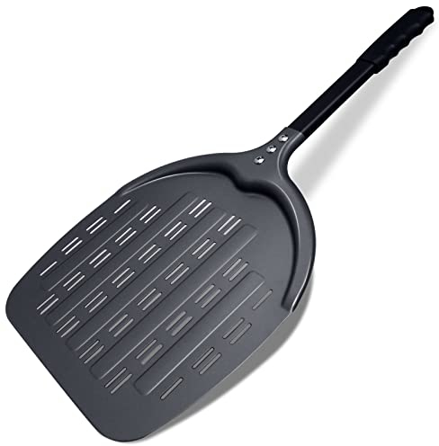 Newmeto Paleta profesional de aluminio para pizza, perforada de 12 pulgadas, grado de restaurante, mango largo, antiadherente, pala de pizza de metal para horno al aire libre