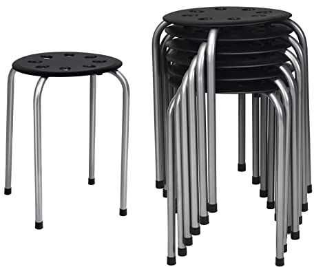 TANGZON Set of 6 Plastic Stacking Stools, Powder Coated Steel Legs Round Breakfast Dining Stool with Non-Slip Mats, Flexible Seating Stool Chairs for Home, Kitchen, Office & Classroom (Black + Gray)