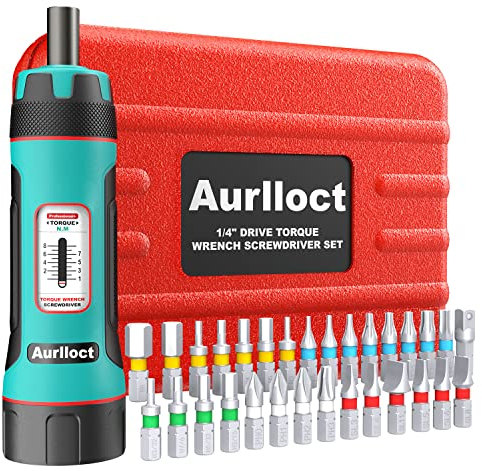 Aurlloct Cacciavite Dinamometrica 1/4 1-8 Nm, Chiave Dinamometrica Preimpostato per Bicicletta e Moto, 31 Pezzi Bussole Con Punta Adattatore Esagonale a Bussole