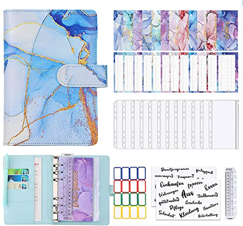 Budget Planner Budget Binder Deutsch,A6 Bugetplaner,haushaltsbuch mit geldfächer,Leder Ringbuch Geld Organizer,Sparbuch mit Folien für Finanzplaner,Geld Sparen,Cash Stuffing (Marmor Blau)