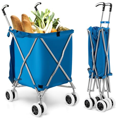GYMAX Faltbarer Einkaufswagen mit flexiblen Rädern & L-förmige Griff, Höchstlast 90L/50kg, Rollwagen, Oxford-Gewebe & Abdeckung, tragbarer Transportwagen für Einkauf, Camping & Garten (Blau)