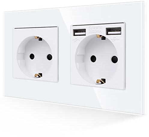 JIMEIDA Enchufe Doble con USB en Blanco, Enchufes Schuko de Cristal de 16A con Conexión USB de Carga Rápida Max.2.1A, Enchufe de Pared de Montaje Empotrado-2 compartimento