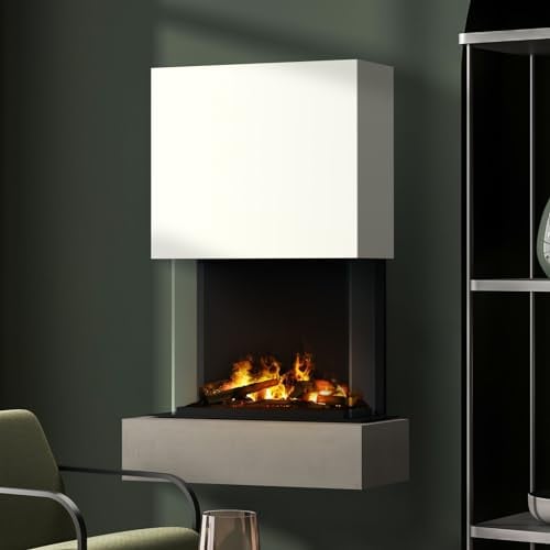 muenkel design Como - Opti-Myst Elektro-Kamin Kaminofen Wandkamin - mit Heizung -Concrete (Betonoptik) - Rauchfang Weiß