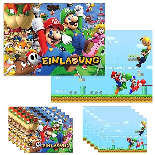 GUBOOM Super Mario Einladungskarten Kindergeburtstag 12er Set, Einladungskarten Kindergeburtstag Junge Mädchen, Super Mario Einladungskarten Geburtstag Deutsch für Kinder Partys (A)