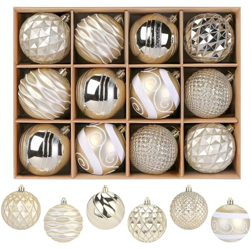 SHareconn Weihnachtskugeln, 80 mm, bunt, bruchsicher, Kunststoff, dekorative hängende Baumschmuck-Kugel-Set für Weihnachtsbaum, Urlaub, Party, Hochzeit, Dekoration, mit Umhängeband, Gold und Weiß, 12