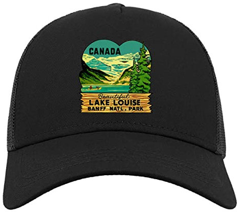 Canada Lake Louise Banff National Park Vintage Travel Poster Halbmaschige Trucker-Cap-Baseballmütze aus Baumwolle Schwarz