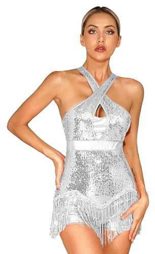 Freebily Damen Tanzkleid Pailletten Latein Salsa Ballsaal Kleid Body Mit Fransen ärmellose Glitzer Ballett Leotard Gymnastik Tanzoverall Tanzkostüm Silber S