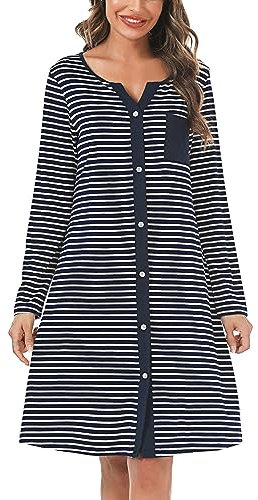 Marvmys Camicia Notte Donna Cotone Corta Cardigan con Scollo V Bottoni Donna Adatto Leggero e Confortevole per Il Parto Ospedaliero Quotidiano per L'Allattamento Seno Blu Marino-Manica Lunga L