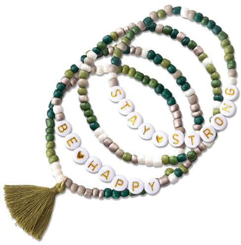 Papierdrachen 4 Perlen-Armbänder in sanften Pastelltönen - mit Quaste- tolle Geschenkidee für jeden Anlass - BE HAPPY und STAY STRONG - schönes Accessoire - Set 5