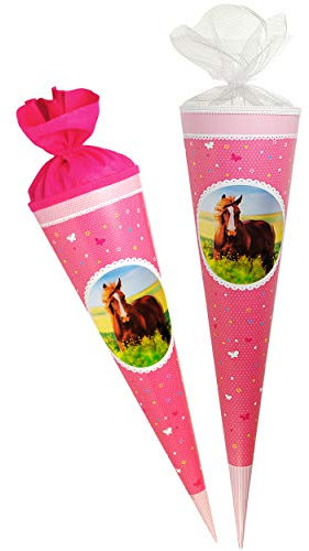 alles-meine.de GmbH Schultüte - Pferd & Pferdeliebe - 35 cm - rund - Filzabschluß - Zuckertüte - mit/ohne Kunststoff Spitze - kompatibel mit goldbuch - Mädchen - Pferd Blumen S..