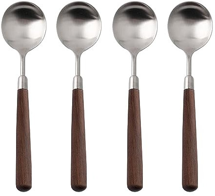 Ouliget Retro-Holzgrifflöffel, matter Edelstahl, Servierlöffel aus Holz, mattes Silberbesteck mit braunem Griff, 4 Stück.