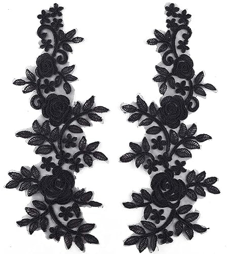 GORGECRAFT 4Stk Florale Spitzenapplikation Schwarze Blume Bestickt Aufnäher Rosenblätter Kragen Stoffapplikation Für DIY Nähen Basteln Kleid Kleidung Rucksäcke Verzierungen 36x14.5 cm